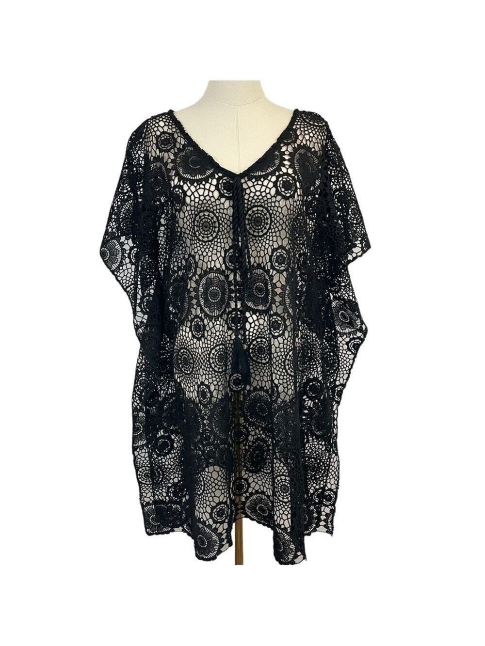 Crochet Swim Cover Womens S/M Black Open Knit Boho Swim Pool Vacation EUC